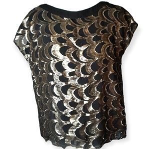 Gibson Latimer Black Sheer Cap Sleeve Blouse with Gold Thread Fan Pattern, szM